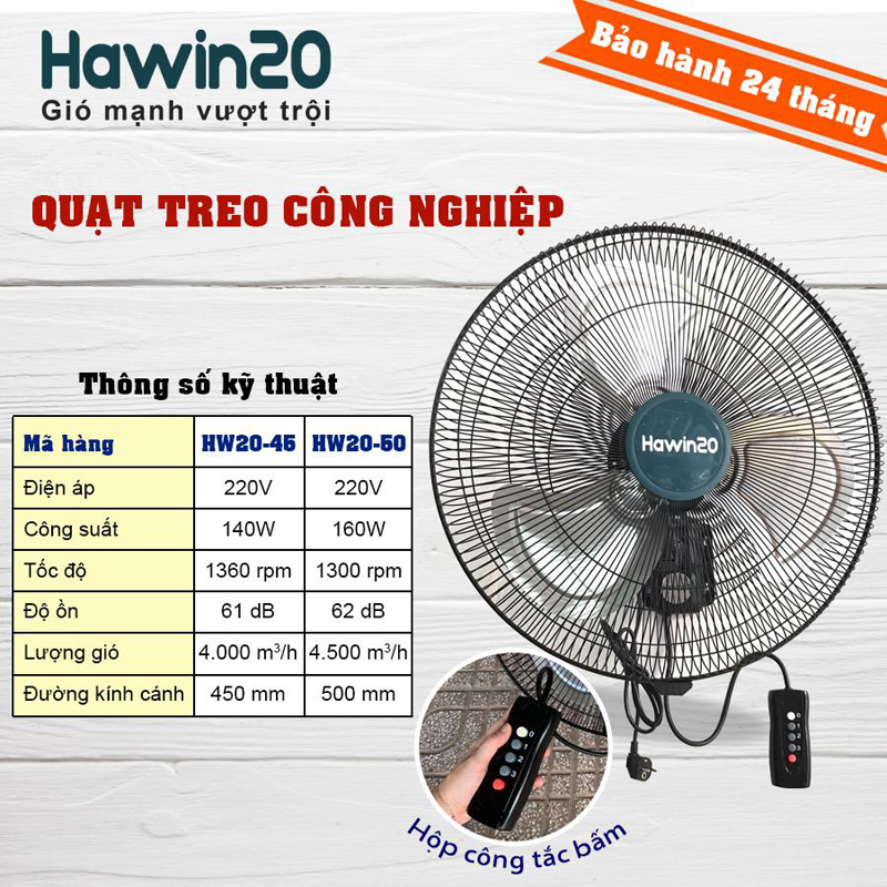 Quạt treo tường công nghiệp HAWIN HW20-45